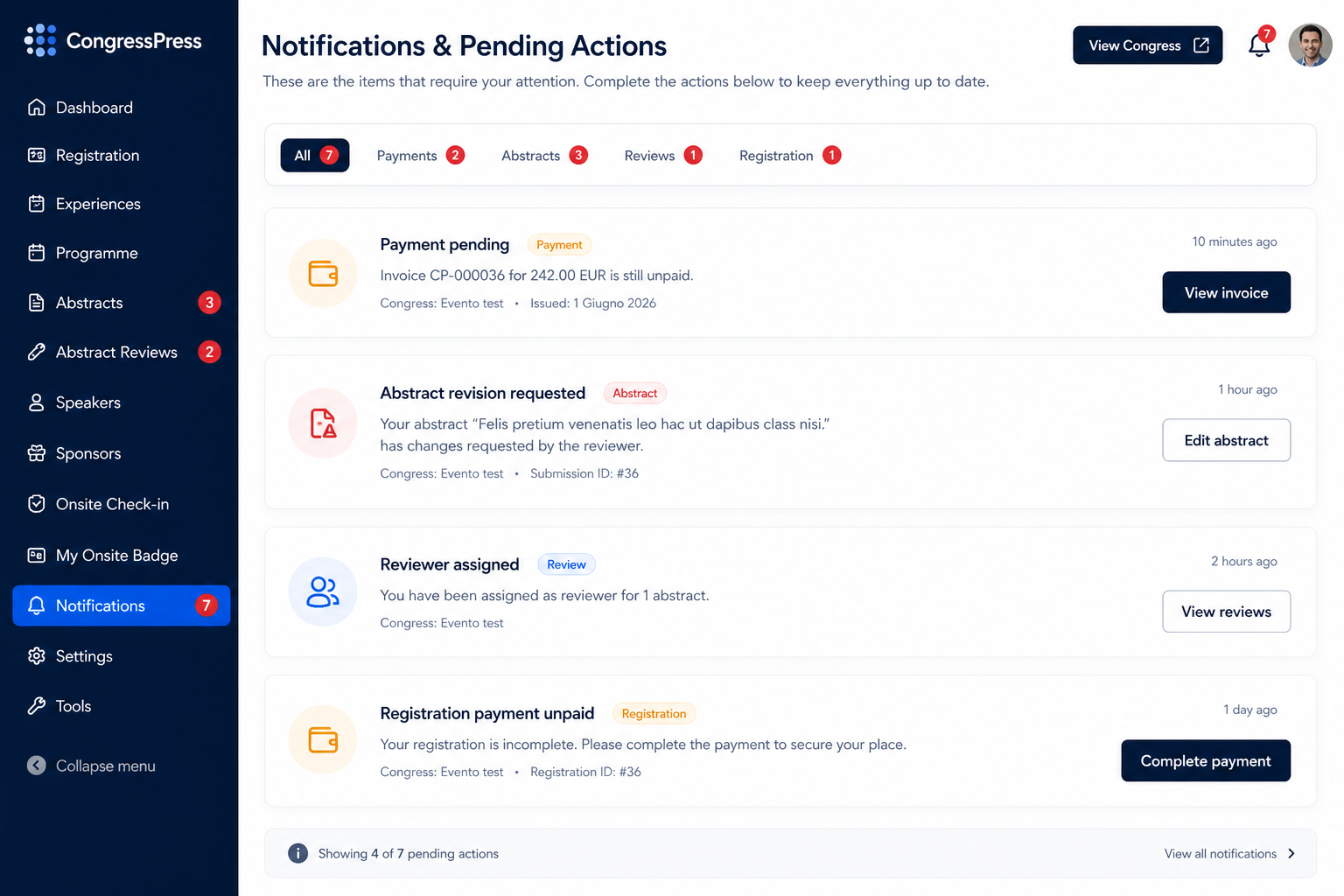 CongressPress notifications and pending actions screen with numeric badges and task categories.