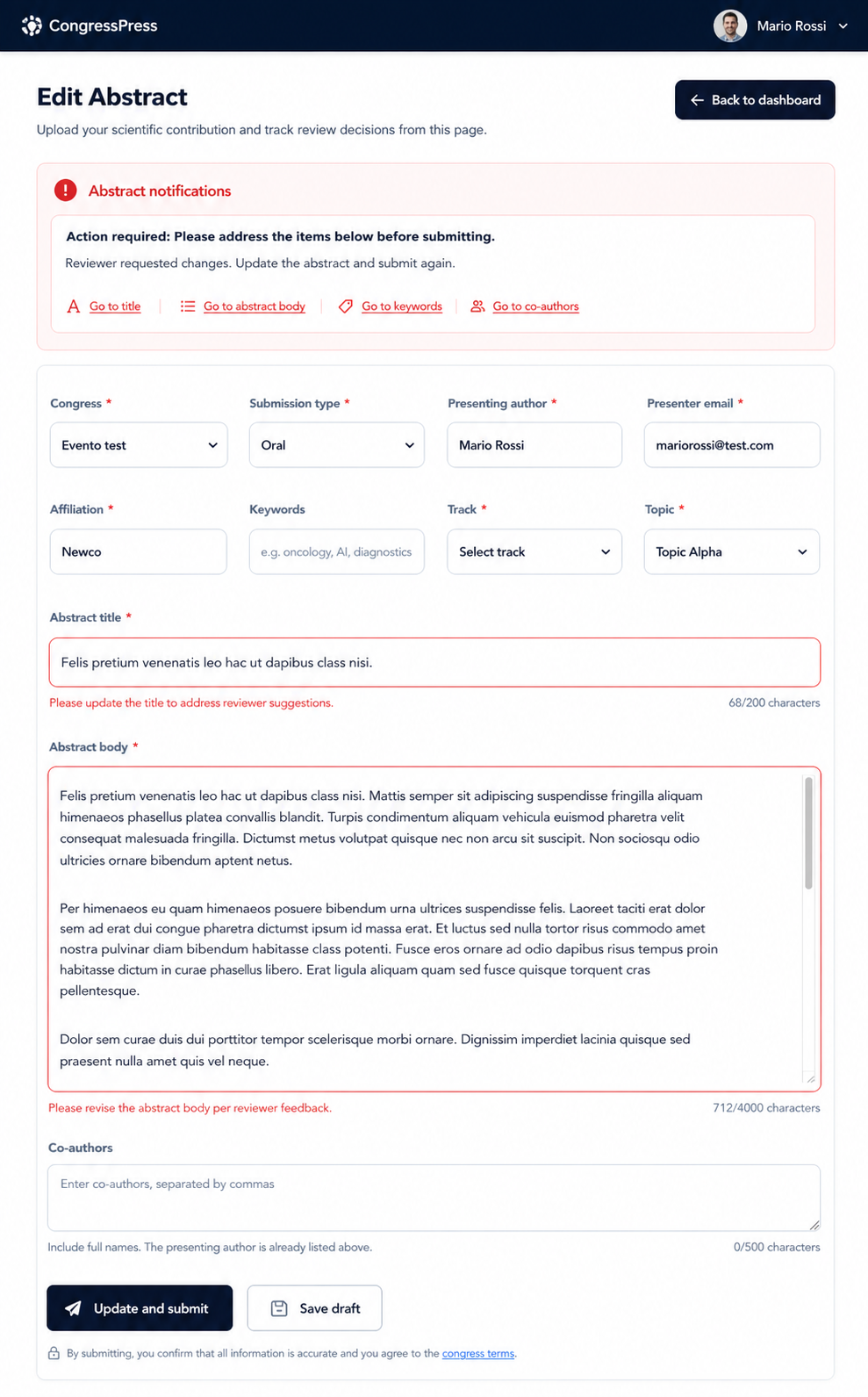CongressPress abstract edit screen with reviewer-requested fixes and highlighted form fields.
