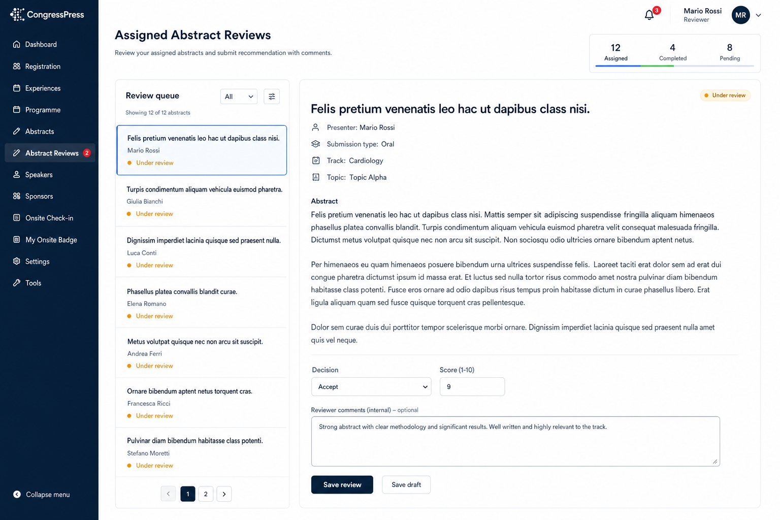 CongressPress reviewer workspace with assigned abstract queue, full abstract content, decision, score, and optional comments.