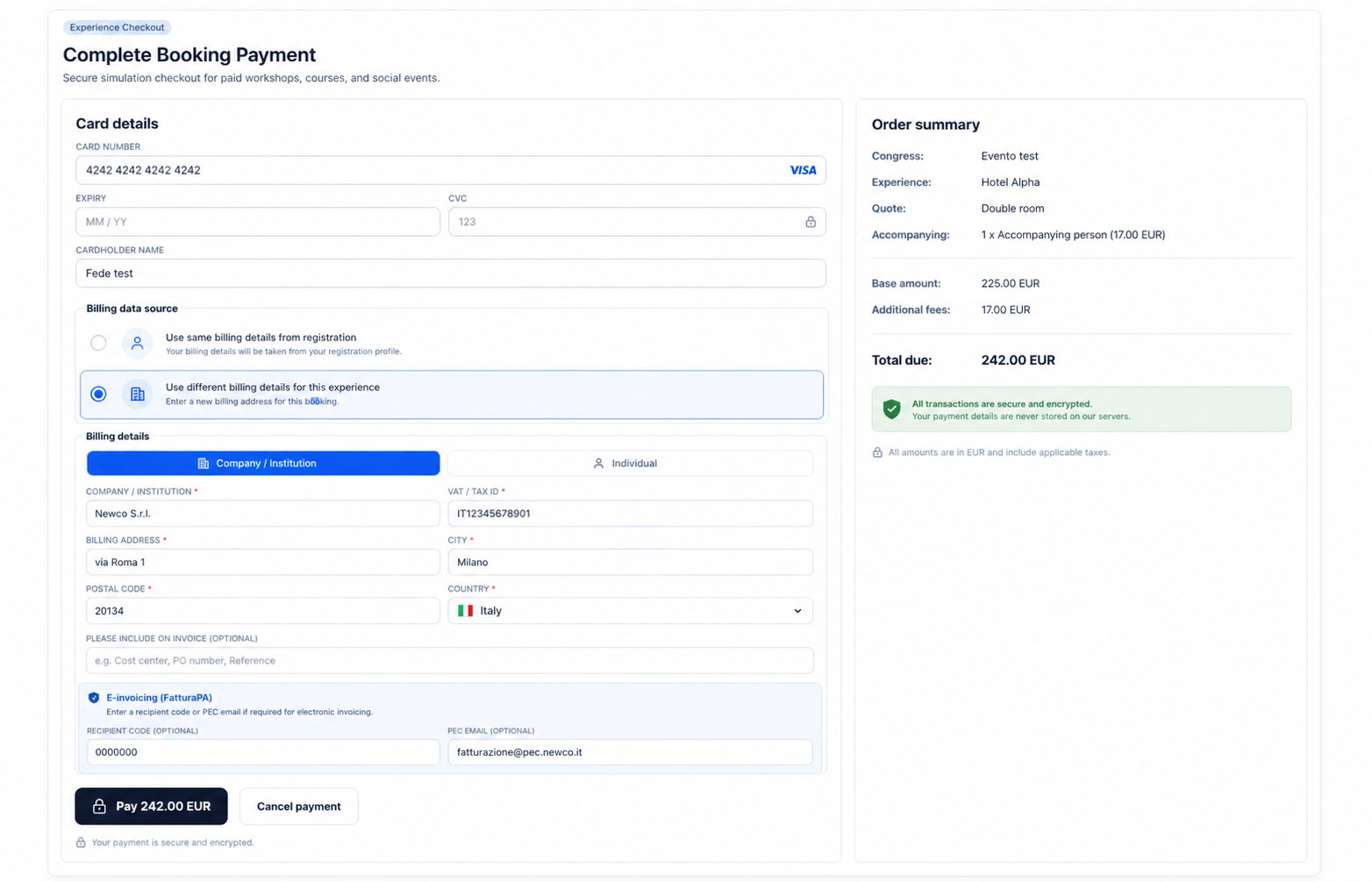 CongressPress experience checkout showing billing source selection, company billing fields, and secure payment summary.