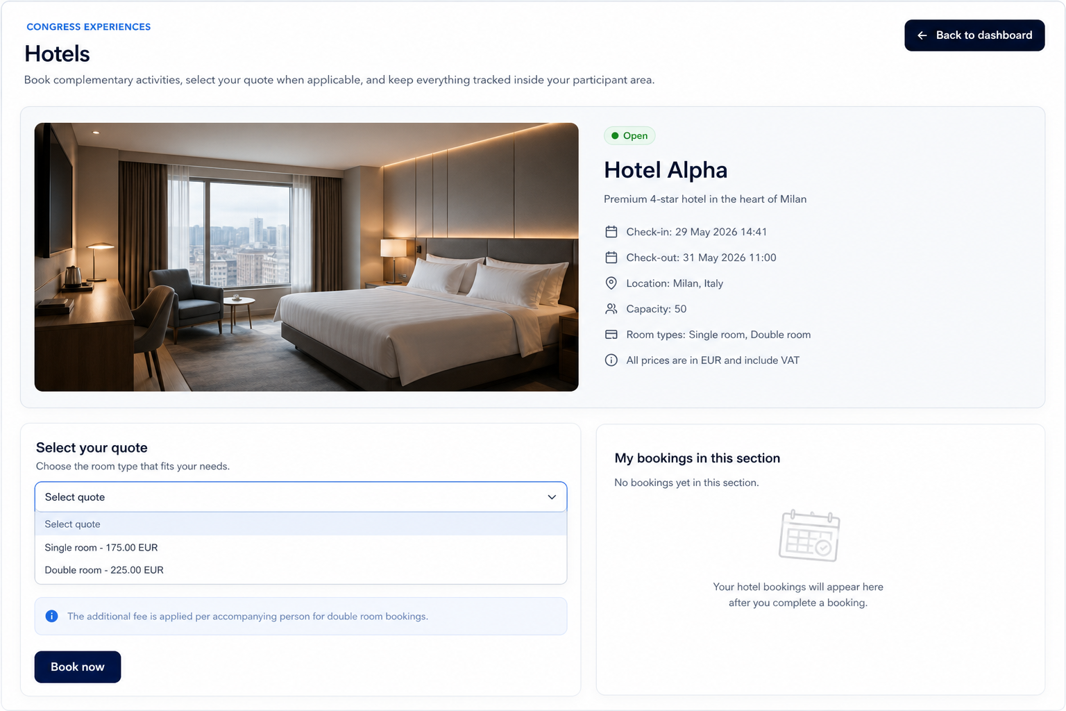 CongressPress hotel booking page with quote selector and accompanying person logic.