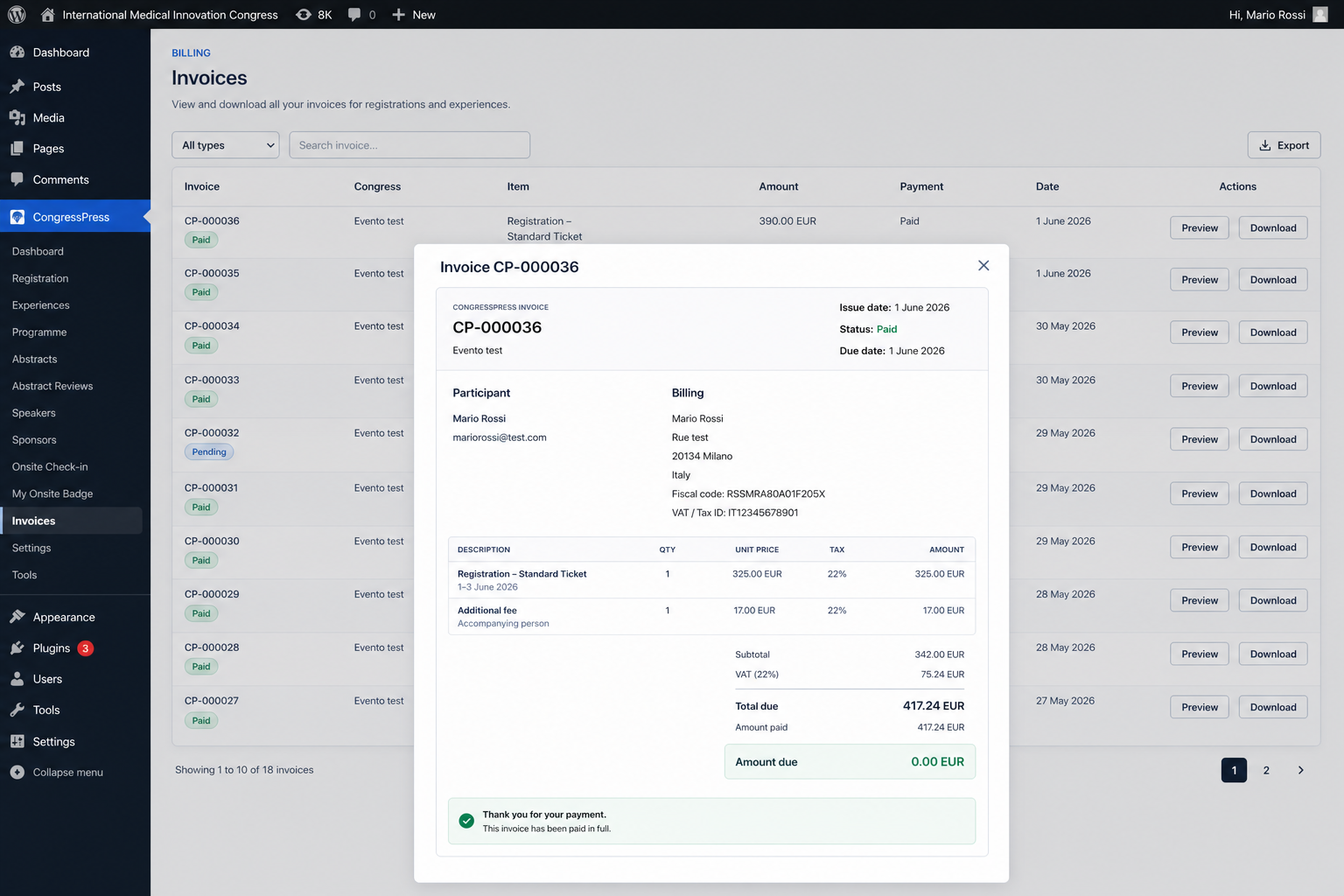 CongressPress invoices center with preview modal and PDF download controls.