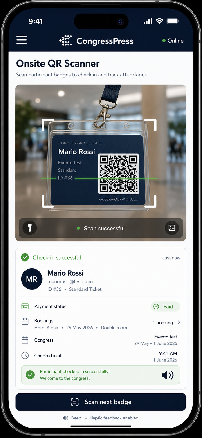 CongressPress mobile QR scanner with full-height scan mode, success feedback, and participant status.