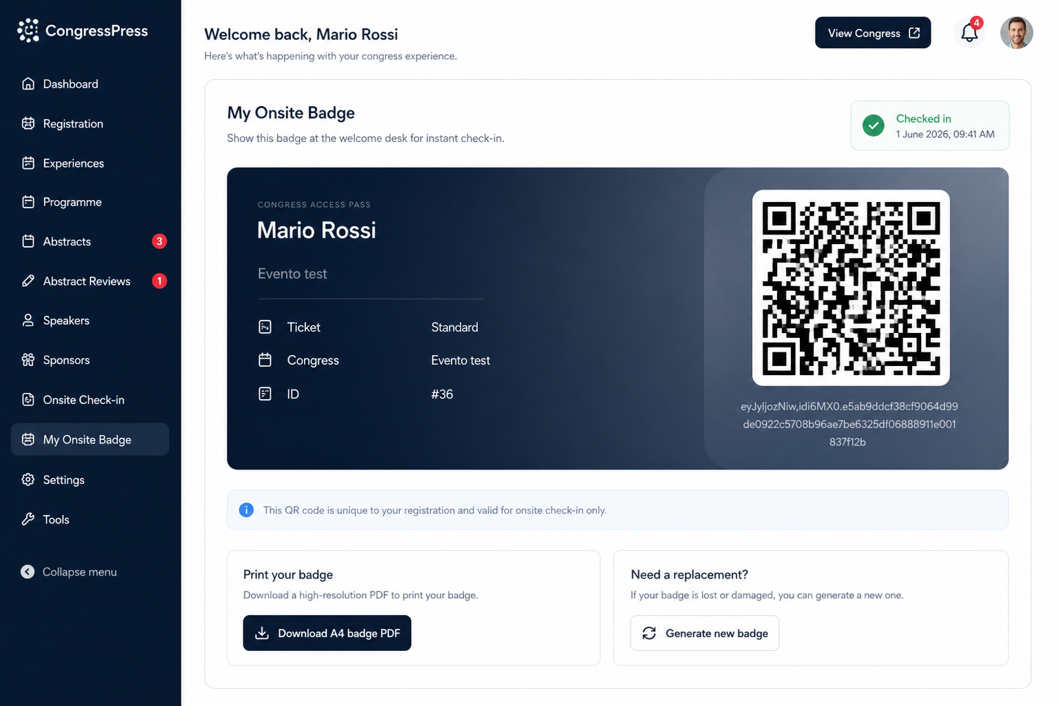CongressPress My Onsite Badge dashboard tab with QR code, check-in status, and badge actions.