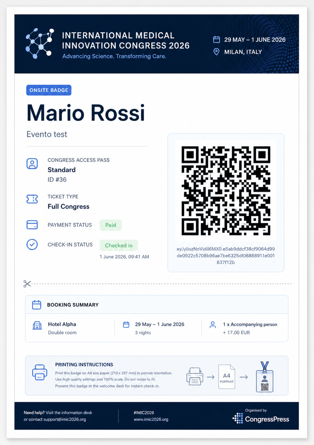 CongressPress premium A4 badge PDF preview ready for printing.